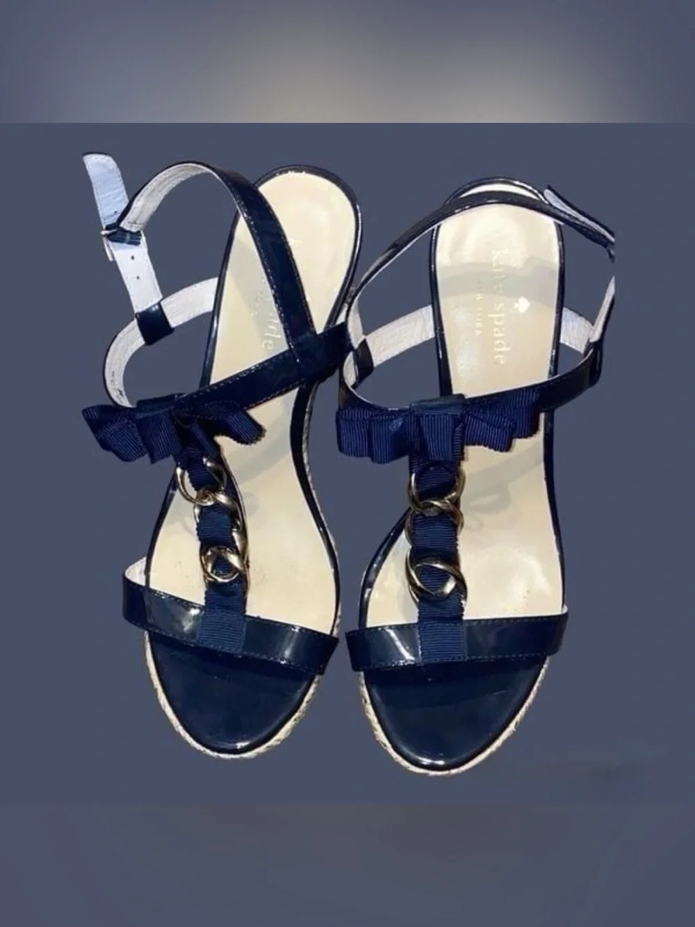 UEC KATE SPADE PATENT NAVY BLUE 3.5” WEDGE ESPADRILLE GOLD HARDWARE SZ 9 PERFECT